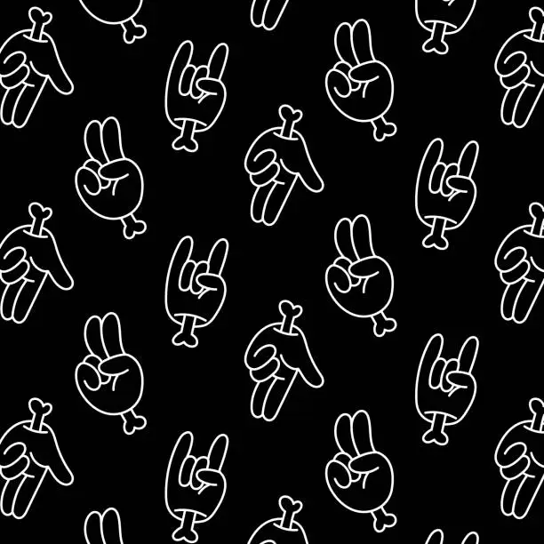 Vector illustration of Retro groovy style hands set. Psychedelic hippie hand collection. Vintage hippy various palm sticker pack. Seamless vector pattern background for textile, fabric, wallpaper, wrapping
