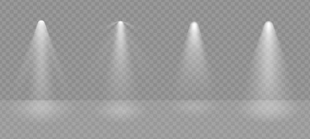 ilustraciones, imágenes clip art, dibujos animados e iconos de stock de escena moderna de spotlight ray studio png. efecto de cine de haz de lámpara transparente. resplandor del escenario vacío del club. ilustración vectorial festiva del proyector - luz puntal