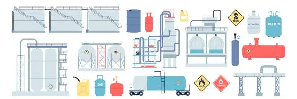 Vector illustration of Gas petroleum and fuel storages. Balloons propane, cylinders and canisters. Industrial petroleum elements, fabric and stations, recent vector set