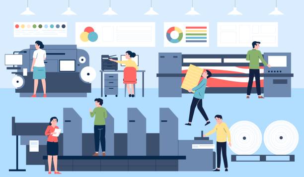 illustrations, cliparts, dessins animés et icônes de processus de travail de l’imprimerie. la production de polygraphie, les gens travaillent avec des équipements de typographie, d’impression et de prépresse. scène récente d’atelier d’impression vectorielle - procédé dimpression