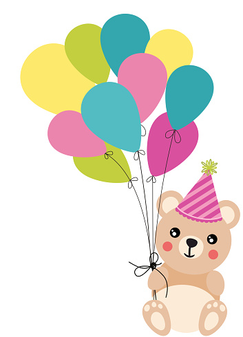 Scalable vectorial representing a Birthday teddy bear holding a set of balloons, element for design, illustration isolated on white background.