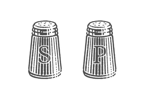Pepper and Salt Shaker. Hand drawn engraving style illustrations. Vector illustration. salt pepper ingredient black peppercorn stock illustrations