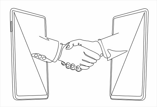 Single one line drawing People shaking hands through smartphone screens. Concept for business agreement. Continuous line draw design graphic