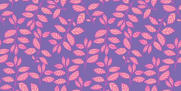 Bright simple creative branches leaves seamless pattern. Vector hand drawn. Abstract pink shape leaf stems on a purple background.Template for design, textile, fashion, print, surface design, fabric