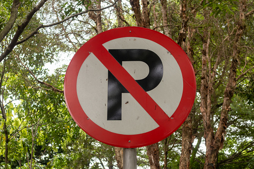 No parking sign with lush trees in background
