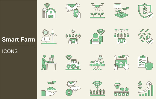 Smart Farm icon set. griculture, Farmer, WIFI, Internet of Things, Mobile Phone, Intelligence, Data, Neural Network, Innovation technology,  Industry automatization, Agrotechnology, Mobile app, Remote