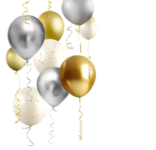 Golden and silver balloons on a white background.