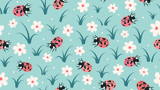 cute abstract simple seamless vector pattern background illustration with daisy flowers and red ladybug insects