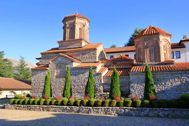 holy historic church sveti naum saint naum on the coast of lake ohrid, north macedonia - cyrylica zdjęcia i obrazy z banku zdjęć