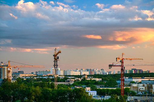 Several construction cranes build new residential buildings in evening time. Steel frame structure in yellow sunlight. Industrial background.