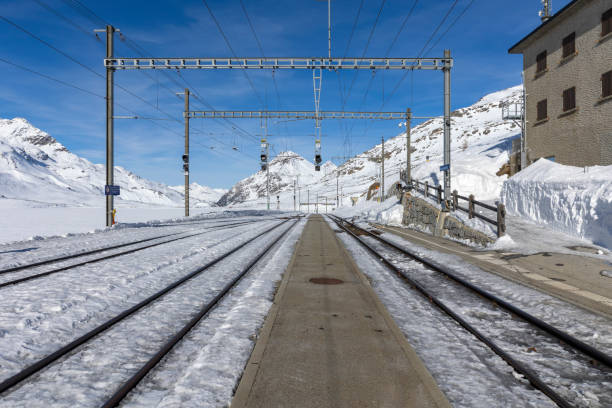 istock Train station on the Bernina Pass in Switzerland. Front view from the railway platform and tracks appearing from the snow. 2012354523