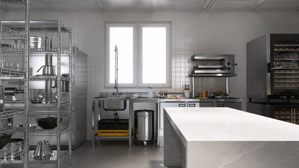 istock Empty clean white marble top counter table in commercial, professional bakery kitchen, stainless steel convection deck oven, sink, refrigerator, shelf, cabinet 2012371590