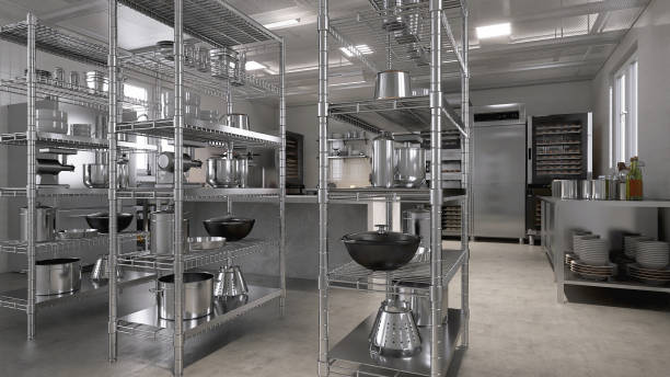 istock Stainless steel shelf with professional baking equipment, machines, kitchenware, convention oven in white tile wall commercial, professional bakery kitchen in sunlight from window 2012371596