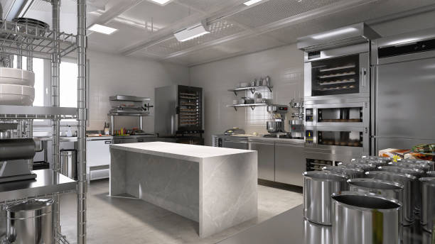 istock Empty clean white marble top counter table in commercial, professional bakery kitchen, stainless steel convection deck oven, kneading machine, shelf, cabinet 2012371611