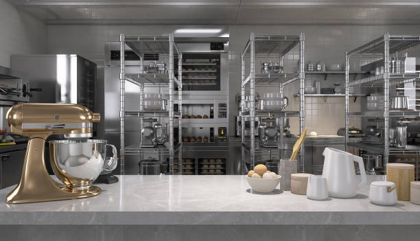 istock New gold professional kneading machine on white marble counter table in commercial bakery kitchen with stainless steel oven, refrigerator, shelf, cabinet 2012372124