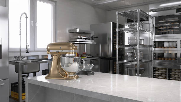 istock New gold professional kneading machine on white marble counter table in commercial bakery kitchen with stainless steel oven, refrigerator, shelf, cabinet 2012372125