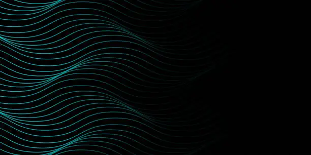 Vector illustration of Vector wavy lines form a smooth curve, smooth dynamic blue gradient light isolated on black background for the concept of technology, digital technology, communication, science, music.