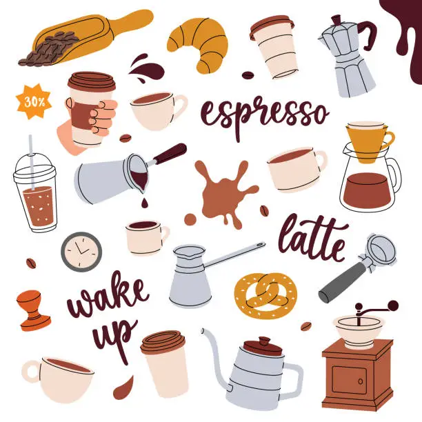 Vector illustration of Coffee set. Cafe menu, coffee shop. Beans, drinks, cups, pot, package, grinder, filter, machine, portafilter, kettle. Vector illustration.