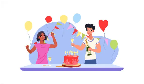 Vector illustration of Cheerful girl and guy celebrating their birthday. Birthday party with office colleagues and friends from work giving cake and using confetti.