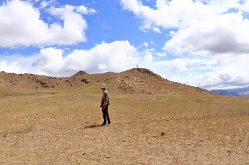 August 27 2023 - Bokonbayevo, Issyk Kul Province in Kyrgyzstan: Kyrgyz Eagle Hunters demonstrate a eagle hunt