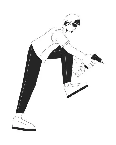 Vector illustration of Engineer holding cordless screwdriver black and white 2D line cartoon character