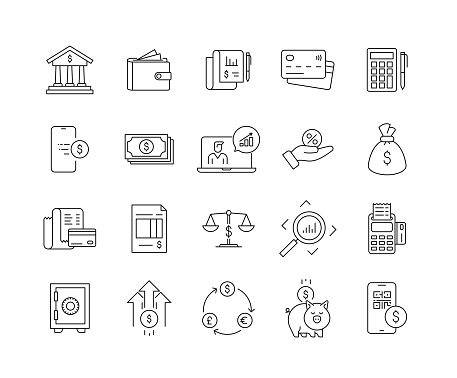 Banking and Finance Line Icon Set contains such icons as Mobile Banking, Financial Examination, Financial Adviser, Money Exchange, Capital, and so on. Editable Stroke, Customizable Stroke Width, and Adjustable Colors.