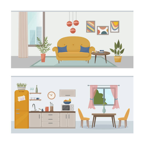 apartment inside. set with interior, kitchen and living room. furnished rooms. flat vector illustration of rooms with furniture. - chandelier residential structure living room sofa点のイラスト素材／クリップアート素材／マンガ素材／アイコン素材