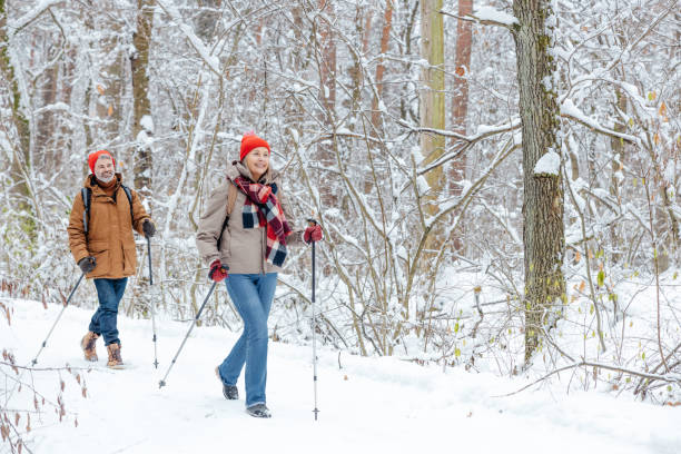 A couple having a walk in a winter forest and looking contented