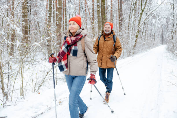 istock A couple having a walk in a winter forest and looking contented 2012386750
