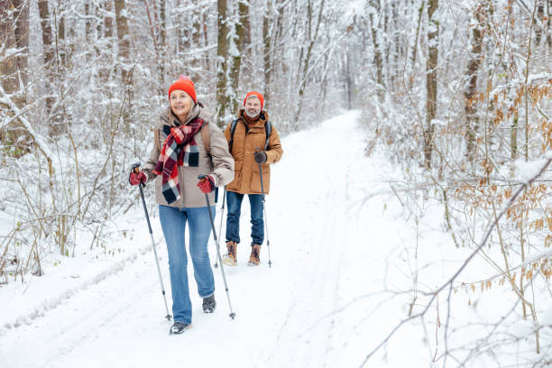 istock A couple having a walk in a winter forest and looking contented 2012386756
