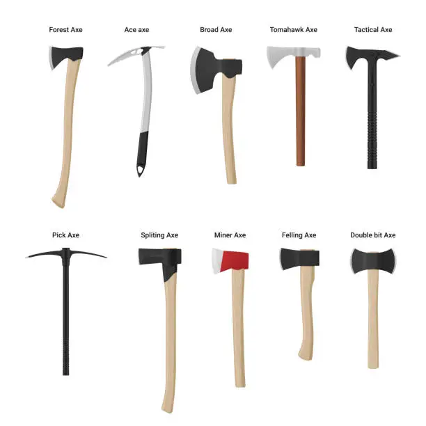 Vector illustration of Axes different types with inscription metallic industrial weapon wooden handle set realistic vector