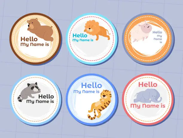 Vector illustration of Hello my name is elementary school kindergarten circle tag cartoon animal design template set vector