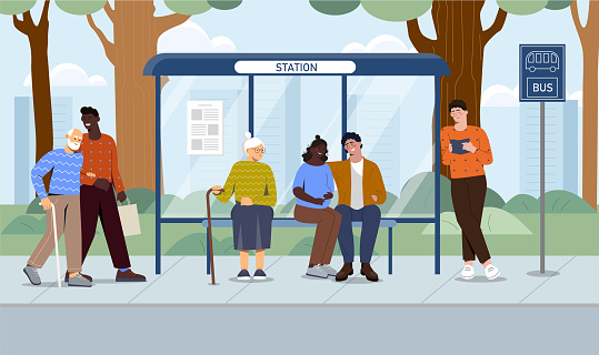 People at bus stop. Urban infrastructure. Citizens waiting for vehicle and transport. Elderly woman with stick and young couple. Crowd of passengers. Cartoon flat vector illustration