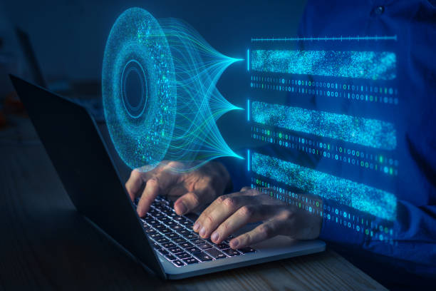 Big data analysis with AI technology. Person using machine learning and deep learning neural network for data science, data mining, business analytics, automation, data engineering. Glowing particles. análisis de big data con tecnología de ia. persona que utiliza redes neuronales de aprendizaje automático y aprendizaje profundo para ciencia de datos, minería de datos, análisis de negocios, automatización, ingeniería de datos. partículas brillant