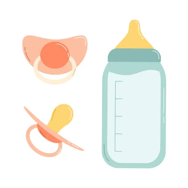 Vector illustration of Baby milk bottle and pacifier. Flat vector illustration isolated on white