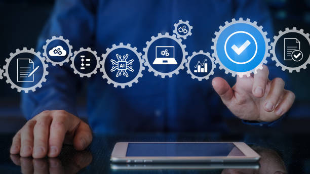 istock Automation for business process workflow optimization and productivity improvement. Robotic process automation and business process management. AI technology, innovation, data analytics. 2012398226