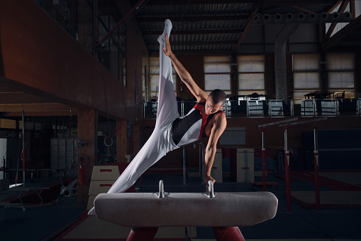 Young male gymnast doing exercises on the rack