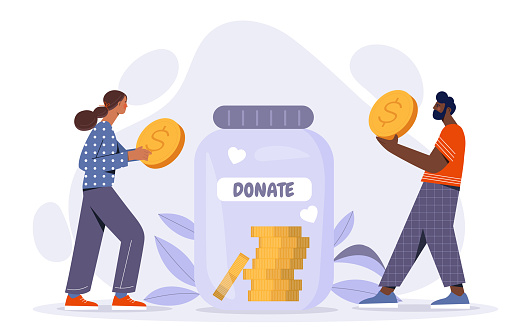 People with donation jar. Man and woman with golden coins. Activists and volunteers with money. Charitable foundation. Kindness and generosity, care. Cartoon flat vector illustration