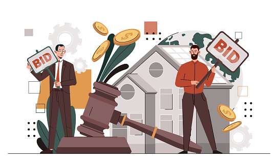 Auction house concept. Two men buuying real estate. Deals with private property. Guys with different bids. Investment and trading. Cartoon flat vector illustration isolated on white background
