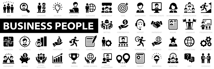 Business people flat icon set. Human resources, office management, meeting, partnership, teamwork, success, work and more. Vector illustration