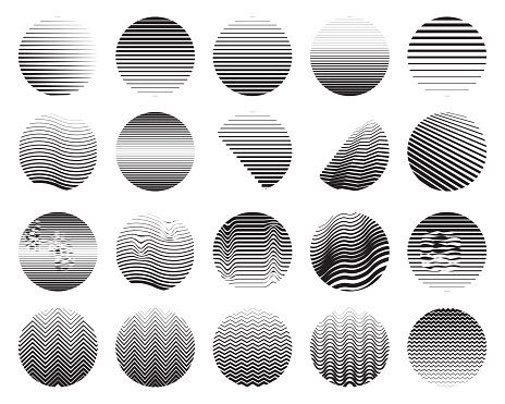 Line fade pattern set. Faded halftone black lines. Fading linear gradient. Vector isolated round shape pattern on white background. Degraded fades stripe, smooth, thin, curved lines
