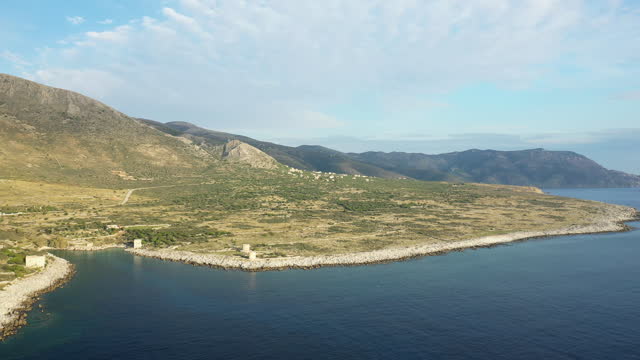 The Mediterranean Sea to Cape Tenare in Europe, Greece, Peloponnese, Mani, in summer on a sunny day.