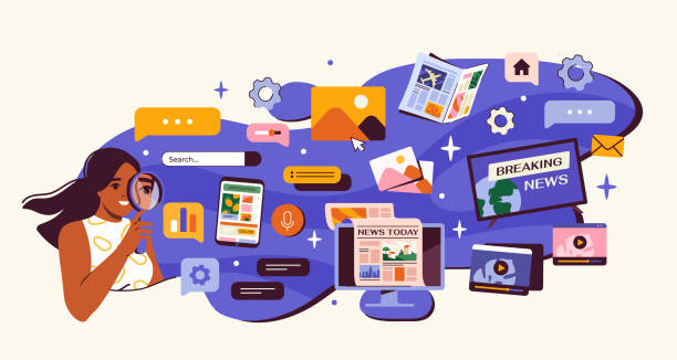 illustrations, cliparts, dessins animés et icônes de excès du concept de vecteur d’information en ligne - modèle social