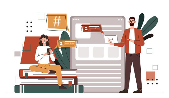 People with microblogging. Man and woman with stack of books and digital tablet. Young guy and girl create interesting content for websites and social networks. Cartoon flat vector illustration