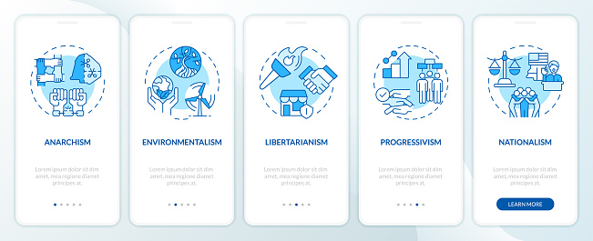 Philosophical politic ideologies blue onboarding mobile app screen. Walkthrough 5 steps editable graphic instructions with linear concepts. UI, UX, GUI template. Myriad Pro-Bold, Regular fonts used