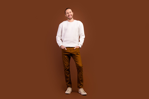 Full length photo of cool positive guy dressed white pullover smiling isolated brown color background.