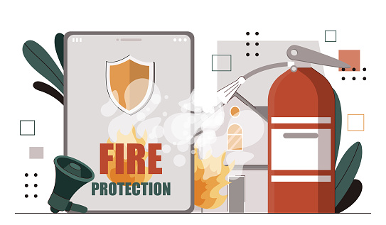 Fire alarm online. Fire extinguisher with flame. Rules and regulations of safety and security. Graphic element for website. Cartoon flat vector illustration isolated on white background