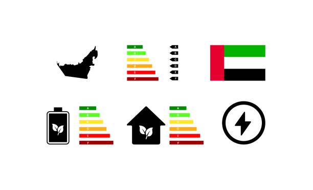 ilustrações, clipart, desenhos animados e ícones de bandeira nacional dos emirados árabes unidos. carta de classificação dos emirados árabes unidos. eletricidade, casa, relâmpago, ícones de classificação do continente. estilo plano. ícones vetoriais - united arab emirates flag united arab emirates flag interface icons