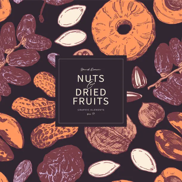 Vector illustration of Assorted nuts and fruits seamless pattern