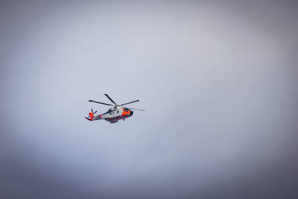 Rescue helicopter. A dramatic background. Copy space